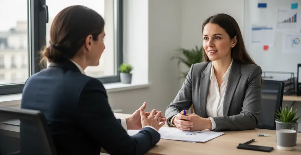 Conseiller en assurance en discussion avec client en agence au Havre