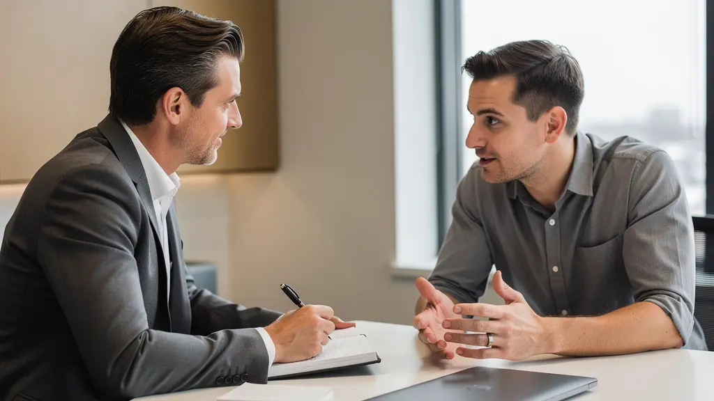 Discussion entre courtier d'assurance et client dans un bureau moderne