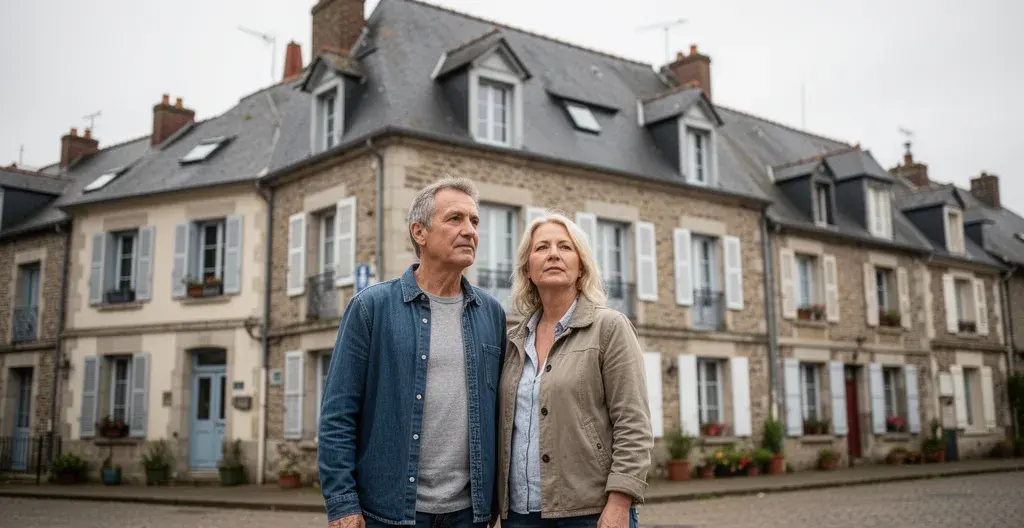Couple havrais regardant la façade de leur immeuble, assurance habitation Le Havre