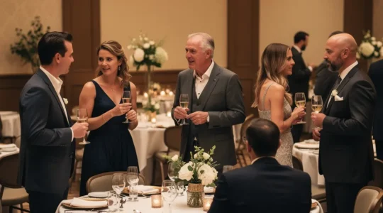 Réception festive dans une salle au Québec avec invités qui discutent