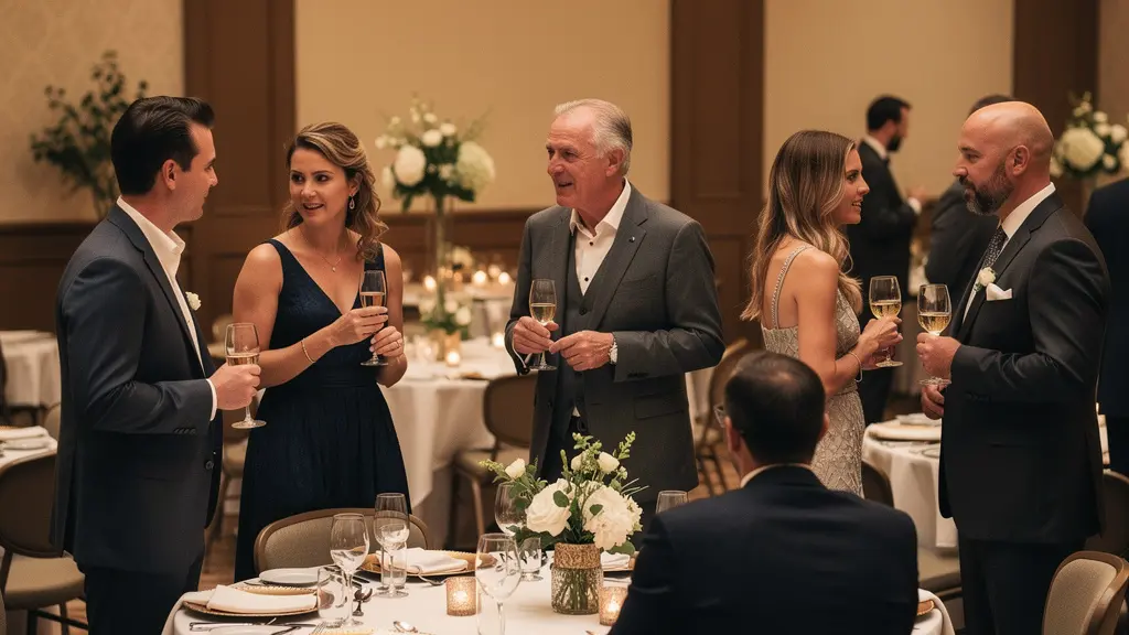Réception festive dans une salle au Québec avec invités qui discutent