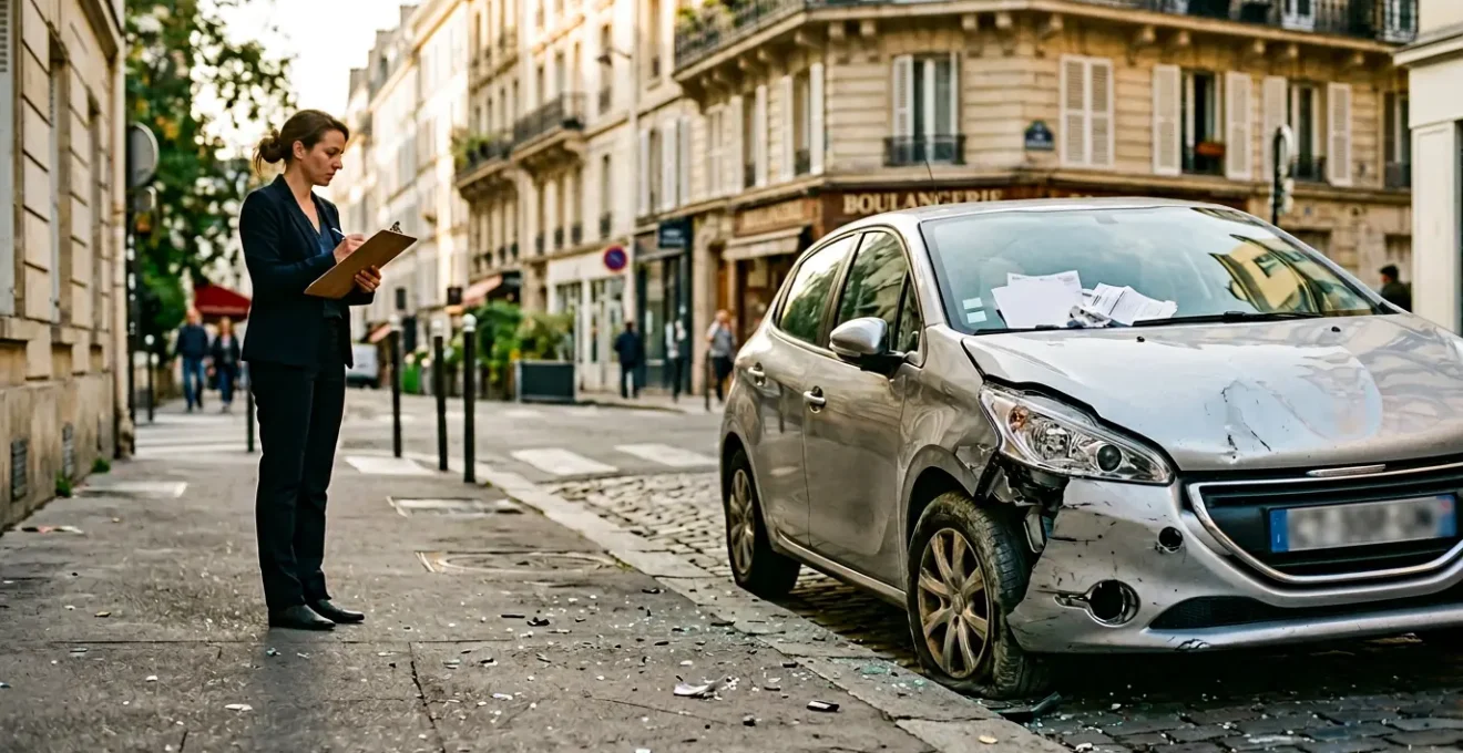 Scène d'accident automobile avec expert en assurance examinant les documents et défaillances techniques visibles sur le véhicule