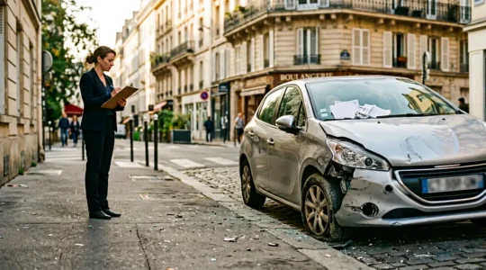 Scène d'accident automobile avec expert en assurance examinant les documents et défaillances techniques visibles sur le véhicule