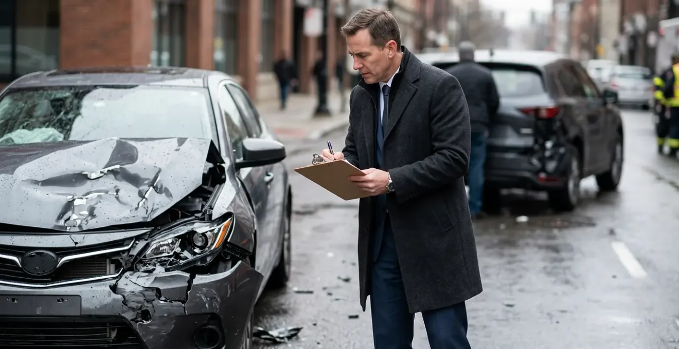 Scène d'accident automobile avec expert évaluant les dégâts