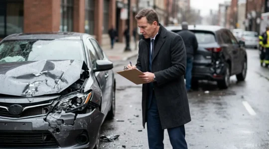 Scène d'accident automobile avec expert évaluant les dégâts