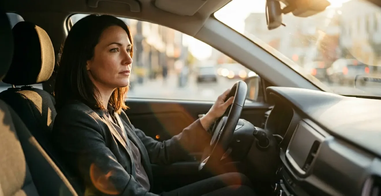 Conducteur au volant dans une voiture moderne avec tableau de bord flou, visage pensif, éclairage matinal