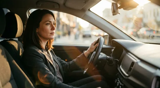 Conducteur au volant dans une voiture moderne avec tableau de bord flou, visage pensif, éclairage matinal