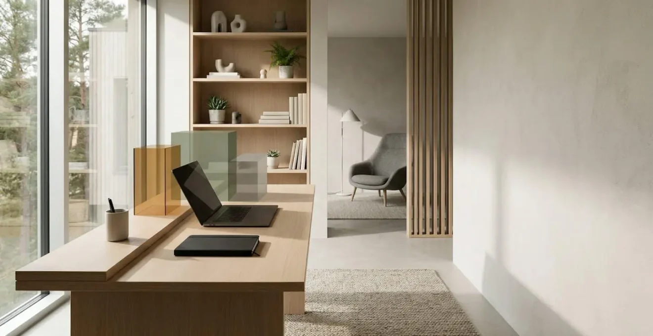 Espace de travail à domicile moderne avec distinction visuelle entre zones professionnelles et personnelles