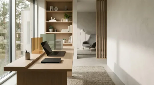 Espace de travail à domicile moderne avec distinction visuelle entre zones professionnelles et personnelles