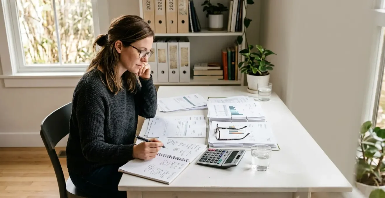 Personne analysant des documents de santé avec calculatrice et tableaux de remboursement