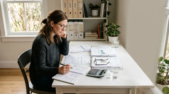 Personne analysant des documents de santé avec calculatrice et tableaux de remboursement