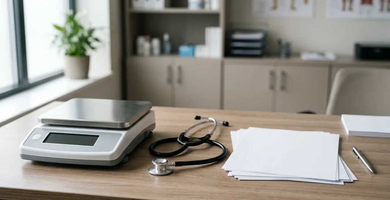 Vue rapprochée d'un stéthoscope, d'une balance et de documents administratifs posés sur un bureau médical