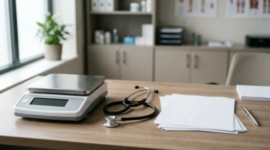 Vue rapprochée d'un stéthoscope, d'une balance et de documents administratifs posés sur un bureau médical