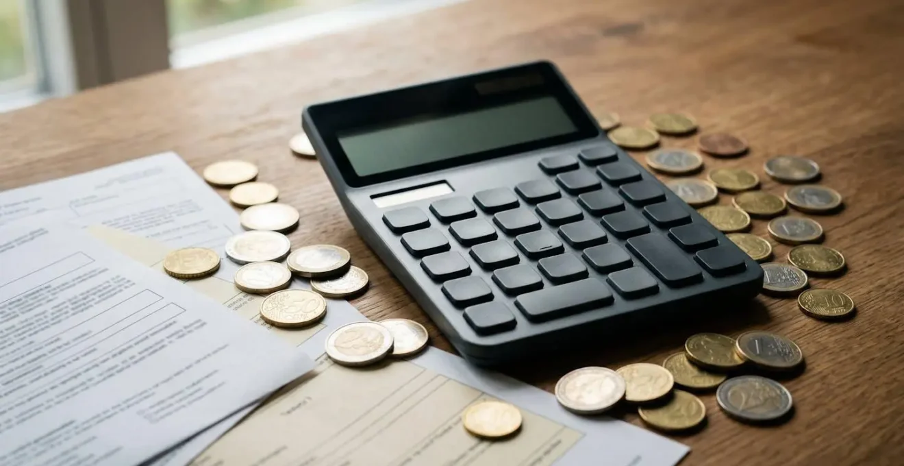 Vue rapprochée d'une calculatrice entourée de pièces d'euros et de documents d'assurance avec focus sur les montants mensuels
