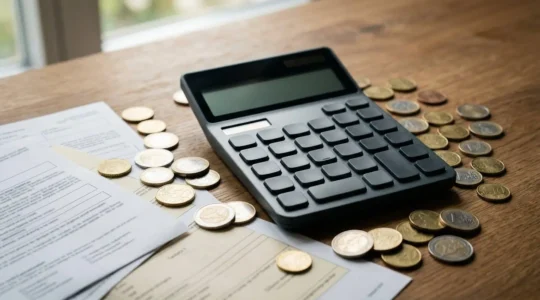 Vue rapprochée d'une calculatrice entourée de pièces d'euros et de documents d'assurance avec focus sur les montants mensuels
