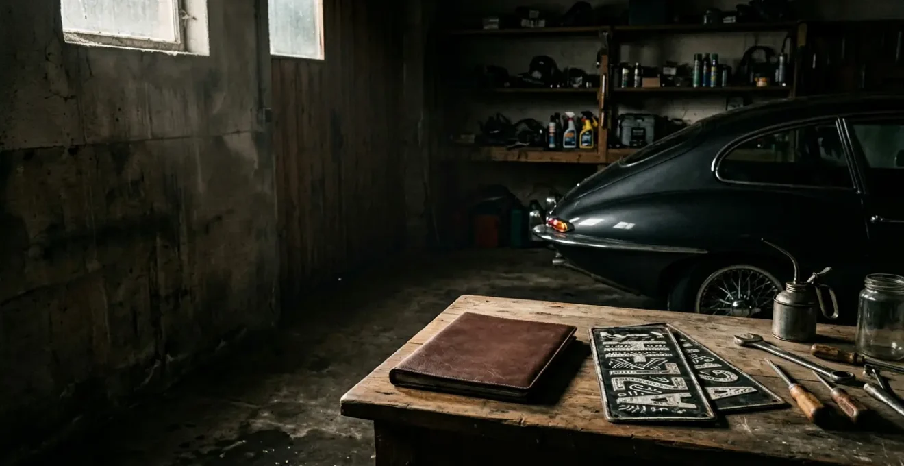 Véhicule de collection dans un garage avec certificat d'immatriculation et plaques noires posées à côté