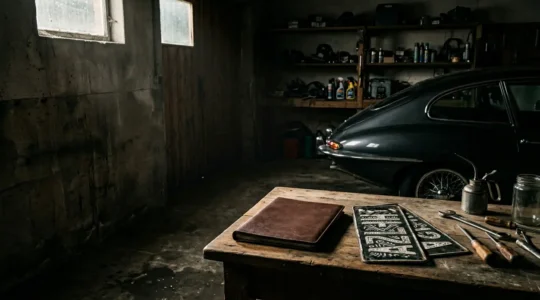 Véhicule de collection dans un garage avec certificat d'immatriculation et plaques noires posées à côté