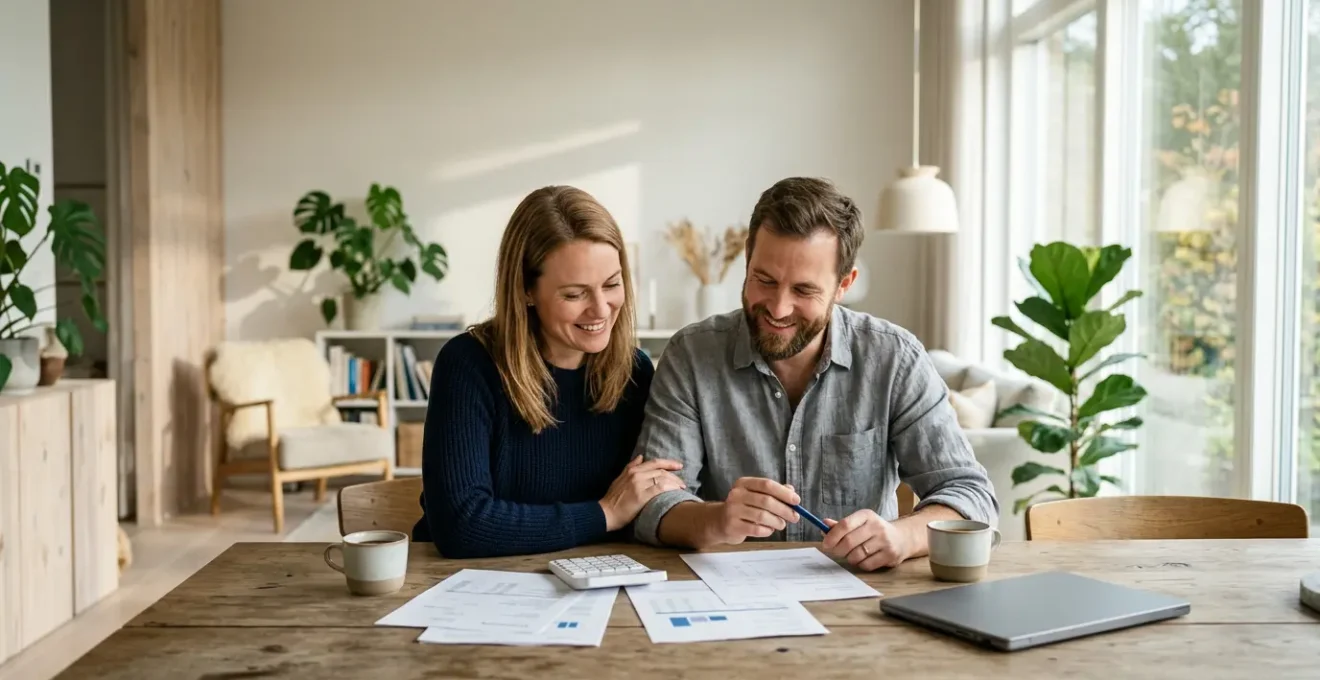 Couple consultant des documents financiers dans leur salon pour changer d'assurance de prêt