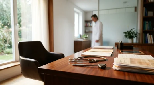 Bureau médical moderne avec documents financiers et stéthoscope sans texte lisible