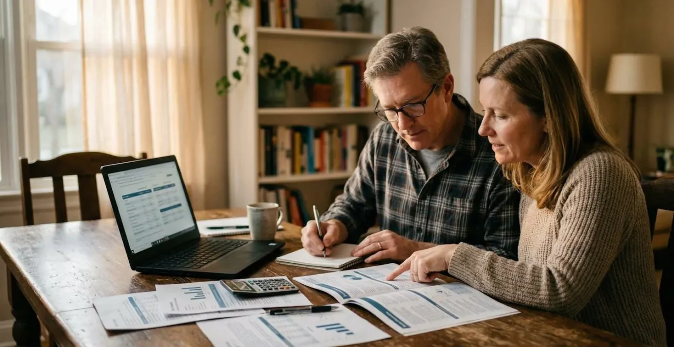 Couple comparant des documents de mutuelles dentaires avec un ordinateur portable, calculatrice et documentation médicale visible