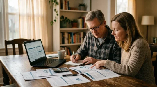Couple comparant des documents de mutuelles dentaires avec un ordinateur portable, calculatrice et documentation médicale visible