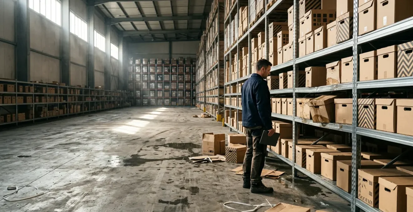 Commerçant évaluant les dommages de son stock dans son entrepôt après un sinistre