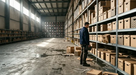 Commerçant évaluant les dommages de son stock dans son entrepôt après un sinistre