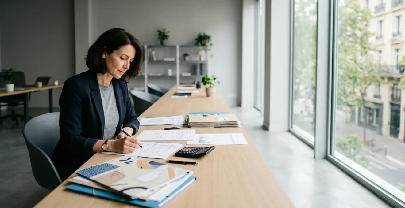 Travailleur non salarié consultant ses documents fiscaux et contrats d'assurance dans son bureau moderne