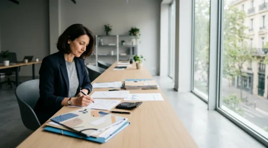 Travailleur non salarié consultant ses documents fiscaux et contrats d'assurance dans son bureau moderne