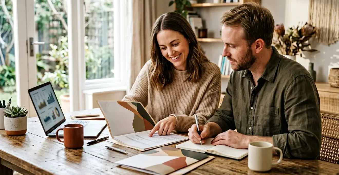 Couple discutant de documents de mutuelle d'entreprise dans un bureau moderne avec lumière naturelle