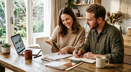 Couple discutant de documents de mutuelle d'entreprise dans un bureau moderne avec lumière naturelle