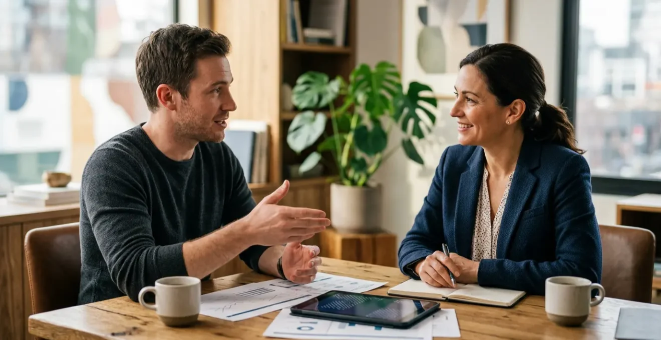 Courtier en assurance professionnel dans son bureau moderne échangeant avec un entrepreneur autour de documents et d'une tablette