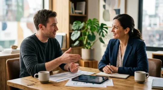Courtier en assurance professionnel dans son bureau moderne échangeant avec un entrepreneur autour de documents et d'une tablette