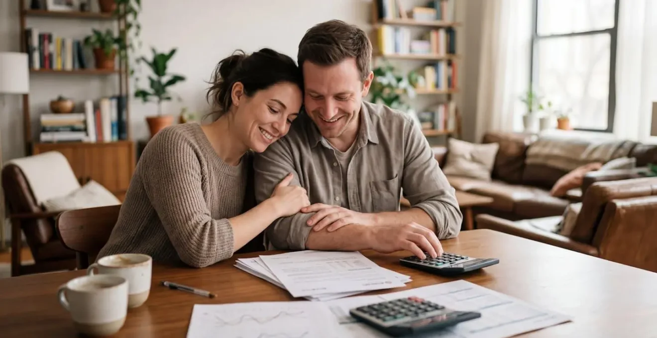 Couple comparant des documents d'assurance emprunteur avec calculatrice et graphiques montrant des économies importantes