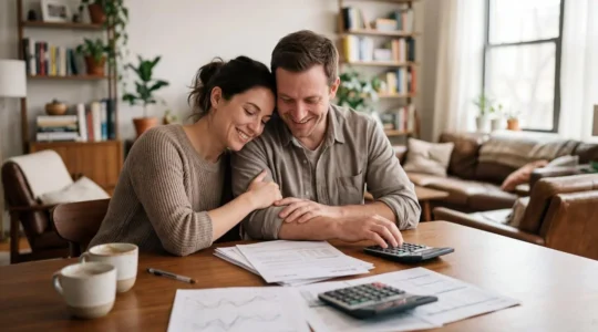 Couple comparant des documents d'assurance emprunteur avec calculatrice et graphiques montrant des économies importantes