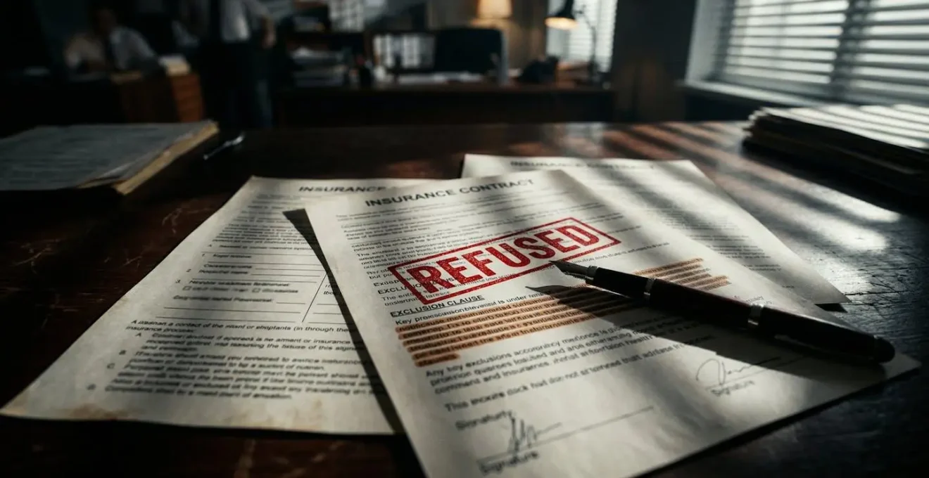Documents contractuels d'assurance décès sur un bureau avec tampon refusé visible symbolisant les exclusions de garantie