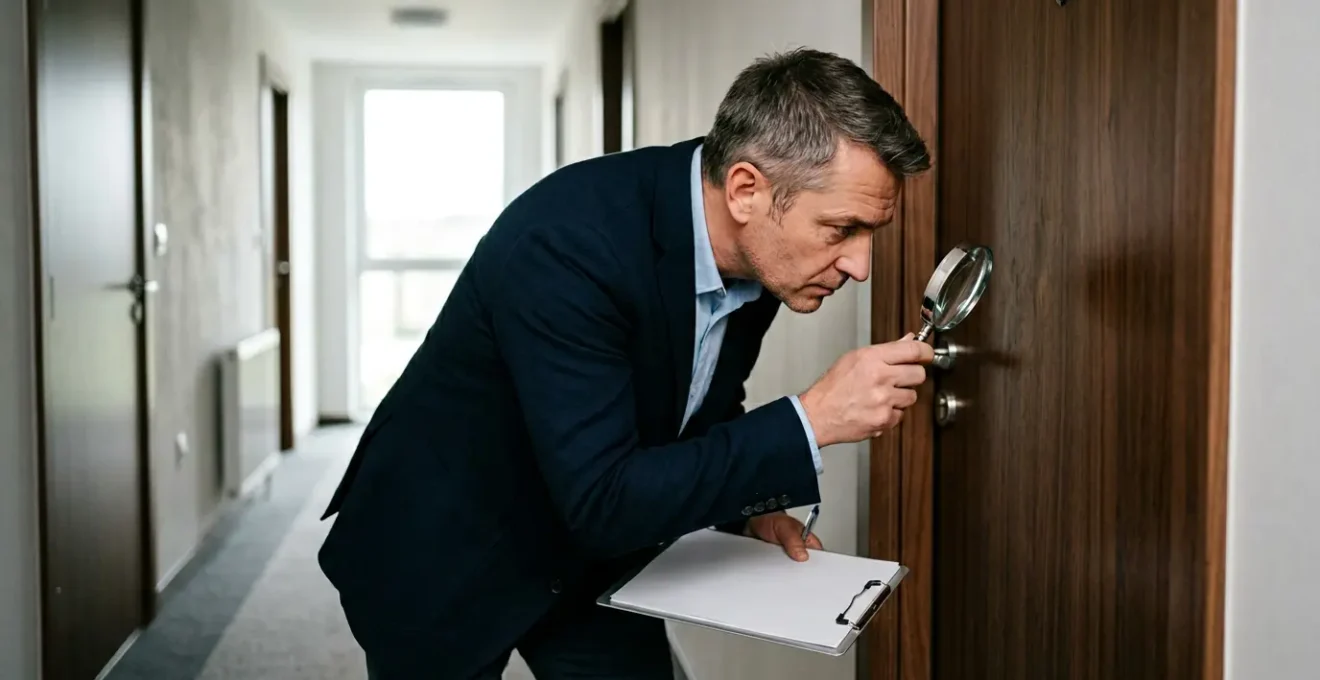 Expert d'assurance examinant minutieusement une porte d'entrée intacte avec des outils d'inspection