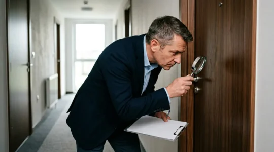 Expert d'assurance examinant minutieusement une porte d'entrée intacte avec des outils d'inspection