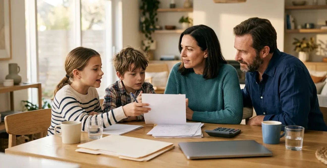 Famille de quatre personnes réunies autour d'une table examinant des documents avec calculatrice et ordinateur portable