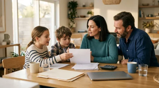 Famille de quatre personnes réunies autour d'une table examinant des documents avec calculatrice et ordinateur portable