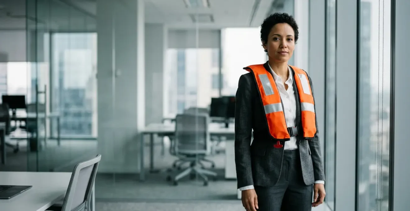 Un consultant en costume-cravate portant un gilet de sauvetage orange vif dans un bureau moderne, symbolisant la protection de l'assurance RC Pro