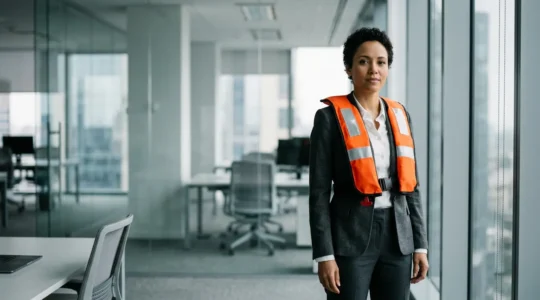 Un consultant en costume-cravate portant un gilet de sauvetage orange vif dans un bureau moderne, symbolisant la protection de l'assurance RC Pro