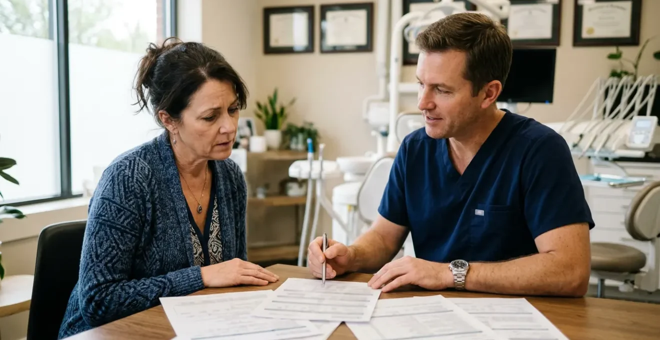 Un patient en consultation dentaire examinant des documents de remboursement mutuelle avec son dentiste dans un cabinet moderne