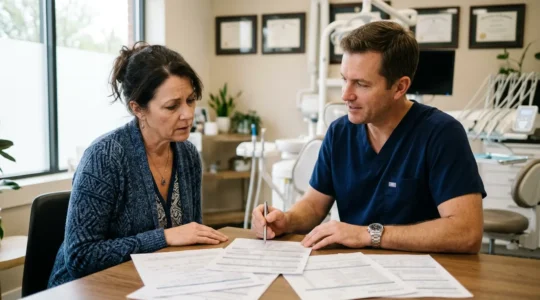 Un patient en consultation dentaire examinant des documents de remboursement mutuelle avec son dentiste dans un cabinet moderne