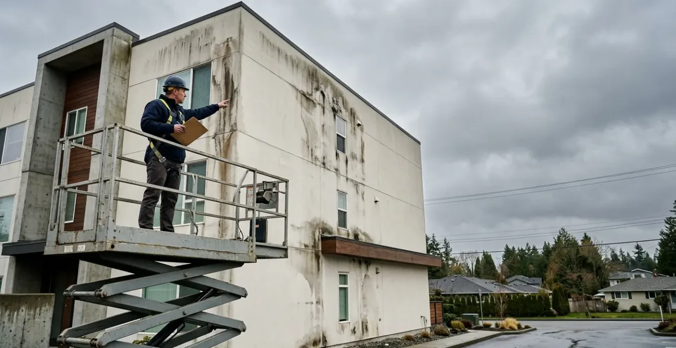 Vue architecturale d'une toiture et façade avec zones d'infiltration d'eau visible et expert en inspection