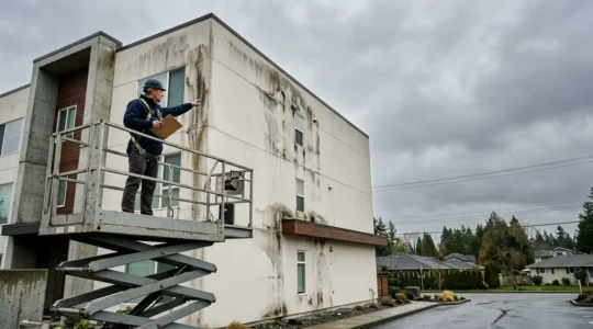 Vue architecturale d'une toiture et façade avec zones d'infiltration d'eau visible et expert en inspection