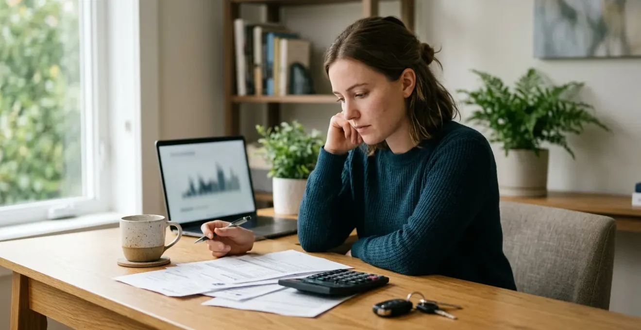 Jeune conducteur analysant des offres d'assurance auto sur ordinateur avec calculatrice et documents