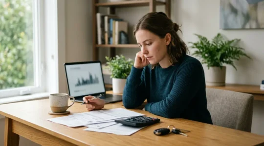 Jeune conducteur analysant des offres d'assurance auto sur ordinateur avec calculatrice et documents