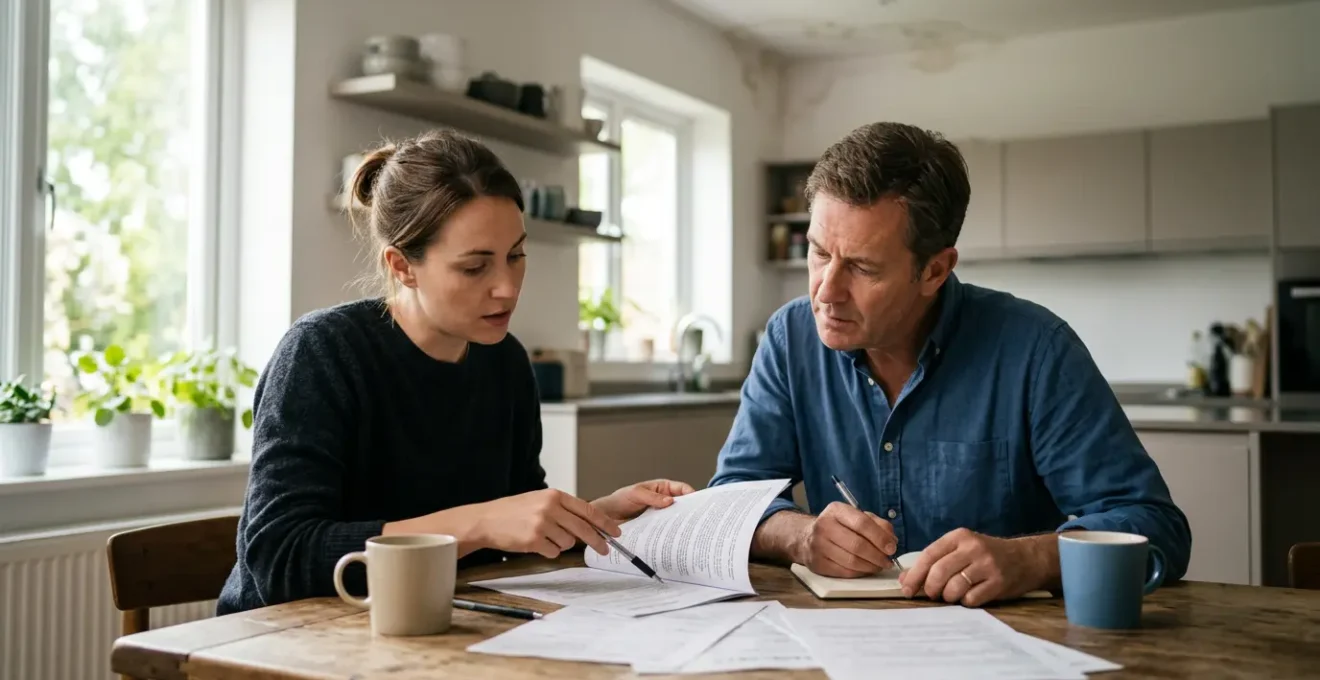 Un locataire et un propriétaire examinent ensemble des documents d'assurance suite à un dégât des eaux dans un appartement moderne