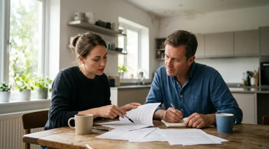Un locataire et un propriétaire examinent ensemble des documents d'assurance suite à un dégât des eaux dans un appartement moderne